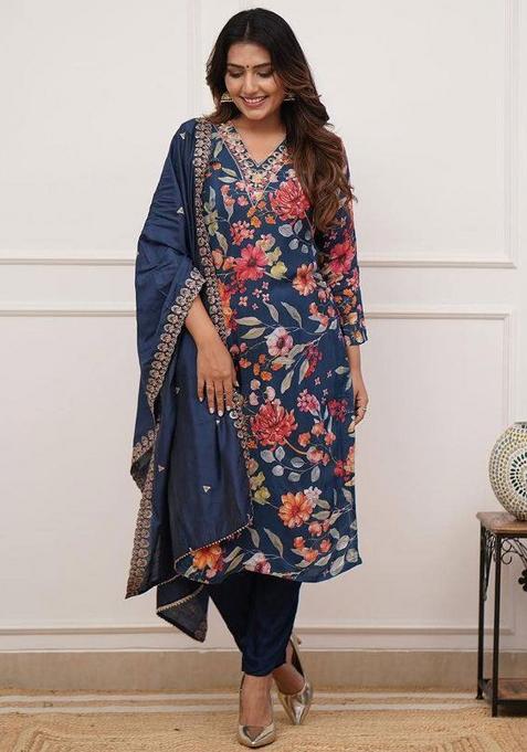 Blue Printed Pure Russian Silk Kurta Set