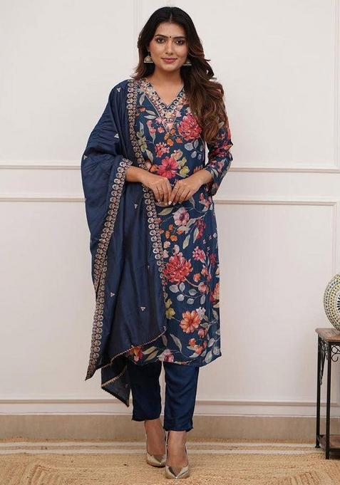 Blue Printed Pure Russian Silk Kurta Set