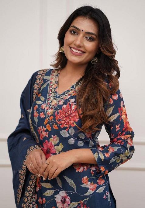 Blue Printed Pure Russian Silk Kurta Set