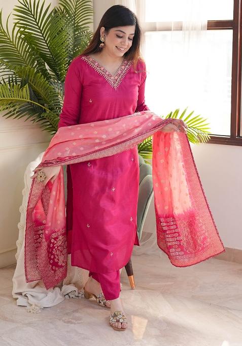 Pink Embroidery Vichitra Kurta Set