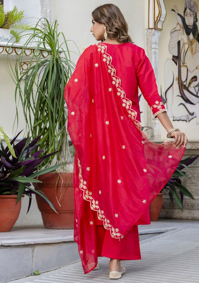 Pink Embroidered Silk Blend Kurta Set With Dupatta - Indya