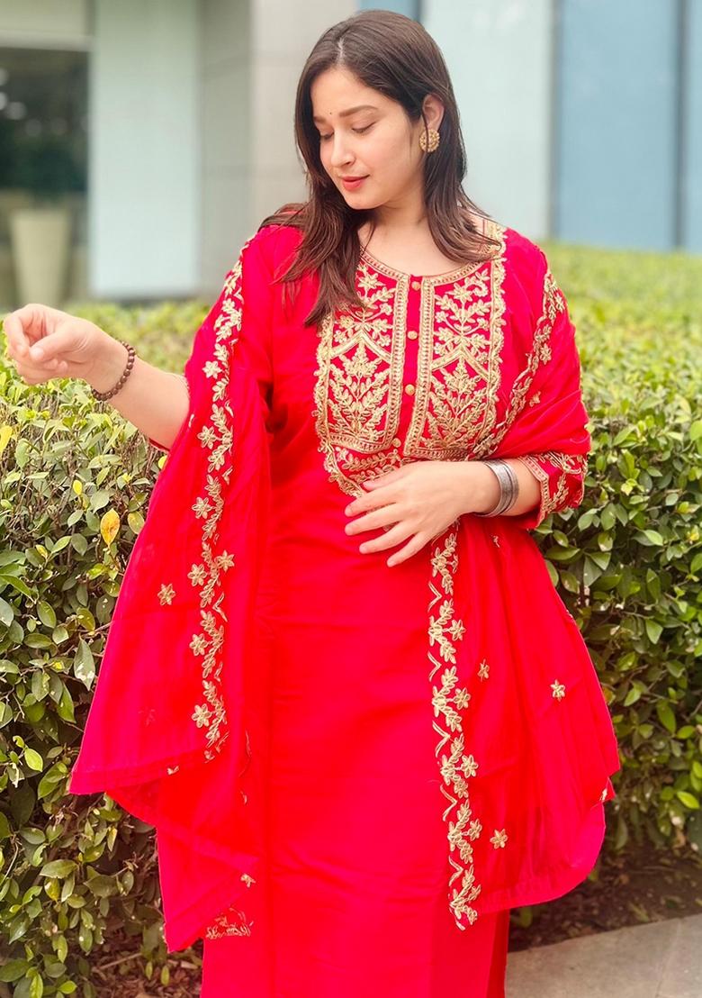 Pink Embroidered Silk Blend Kurta Set With Dupatta - Indya