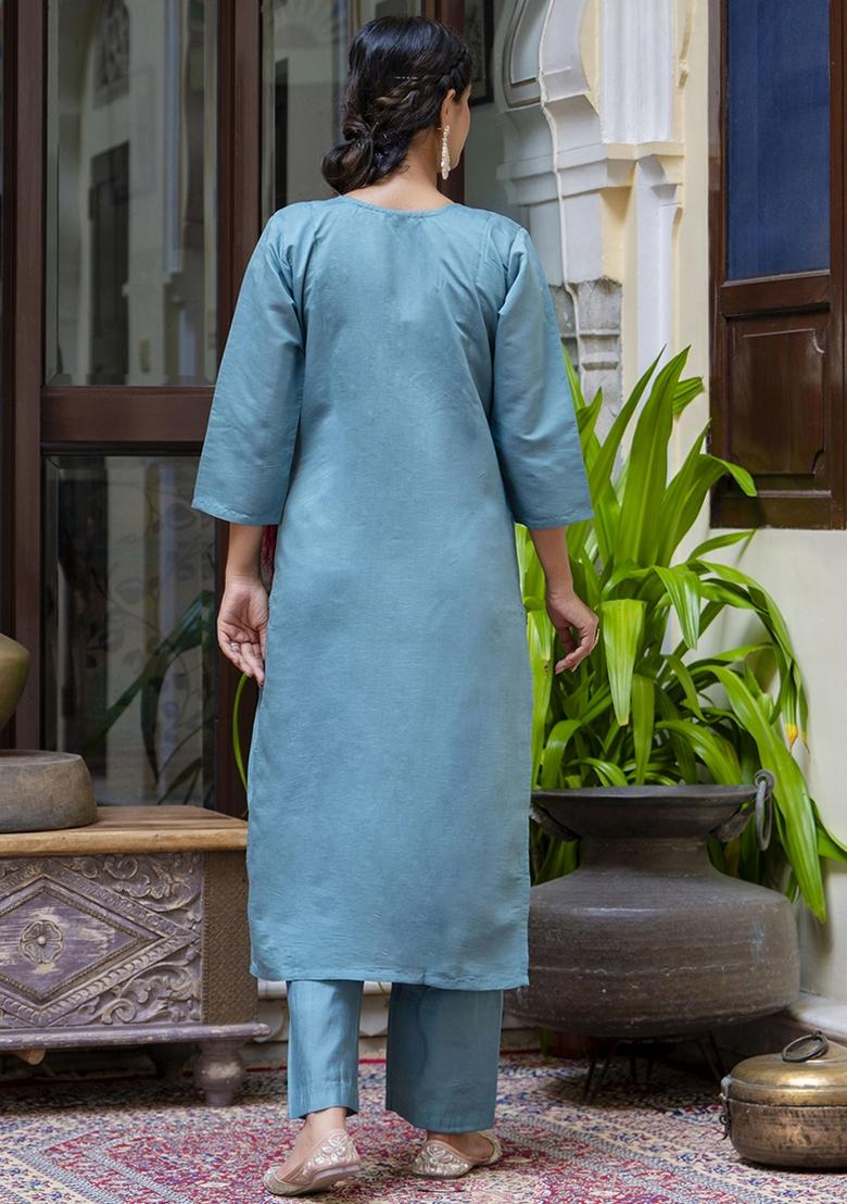 Blue Embroidered Silk Blend Kurta Set With Dupatta - Indya