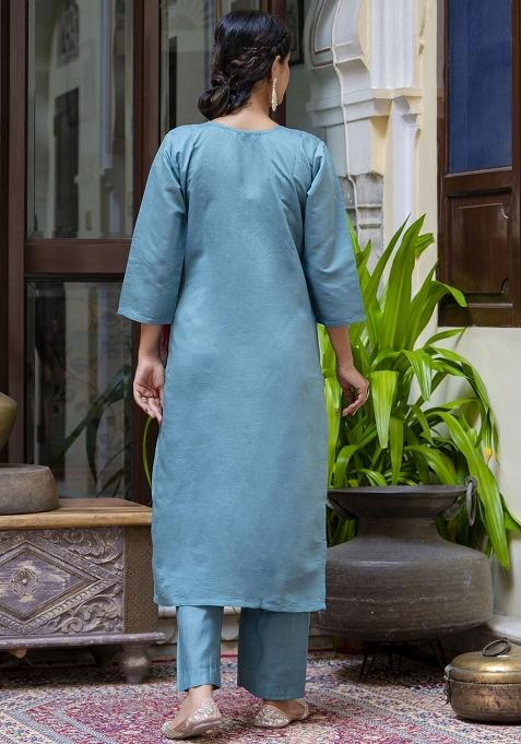 Blue Embroidered Silk Blend Kurta Set With Dupatta