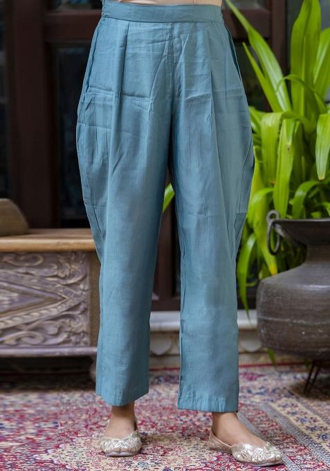 Blue Embroidered Silk Blend Kurta Set With Dupatta