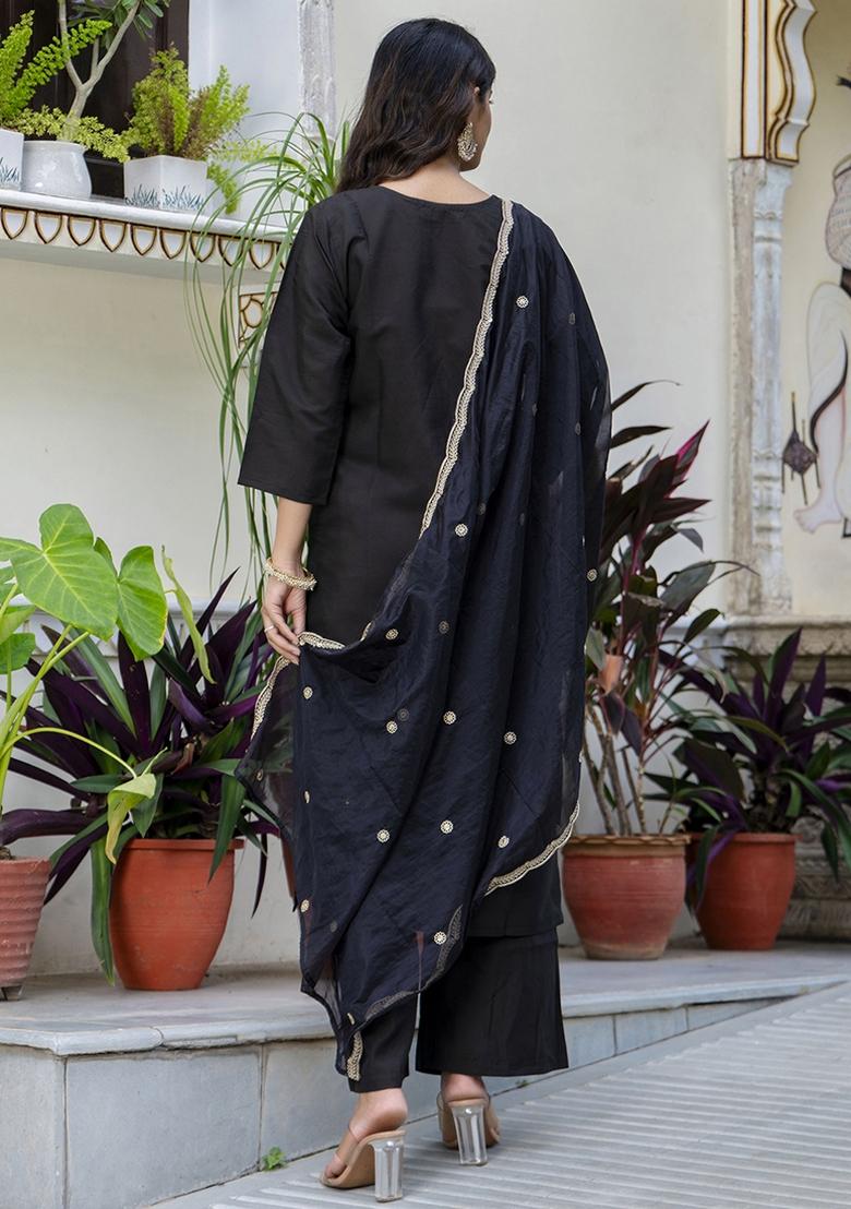 Black Embroidered Silk Blend Kurta Set With Dupatta - Indya