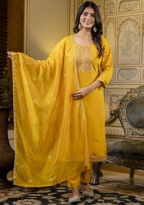 Mustard Embroidered Silk Blend Kurta Set With Dupatta