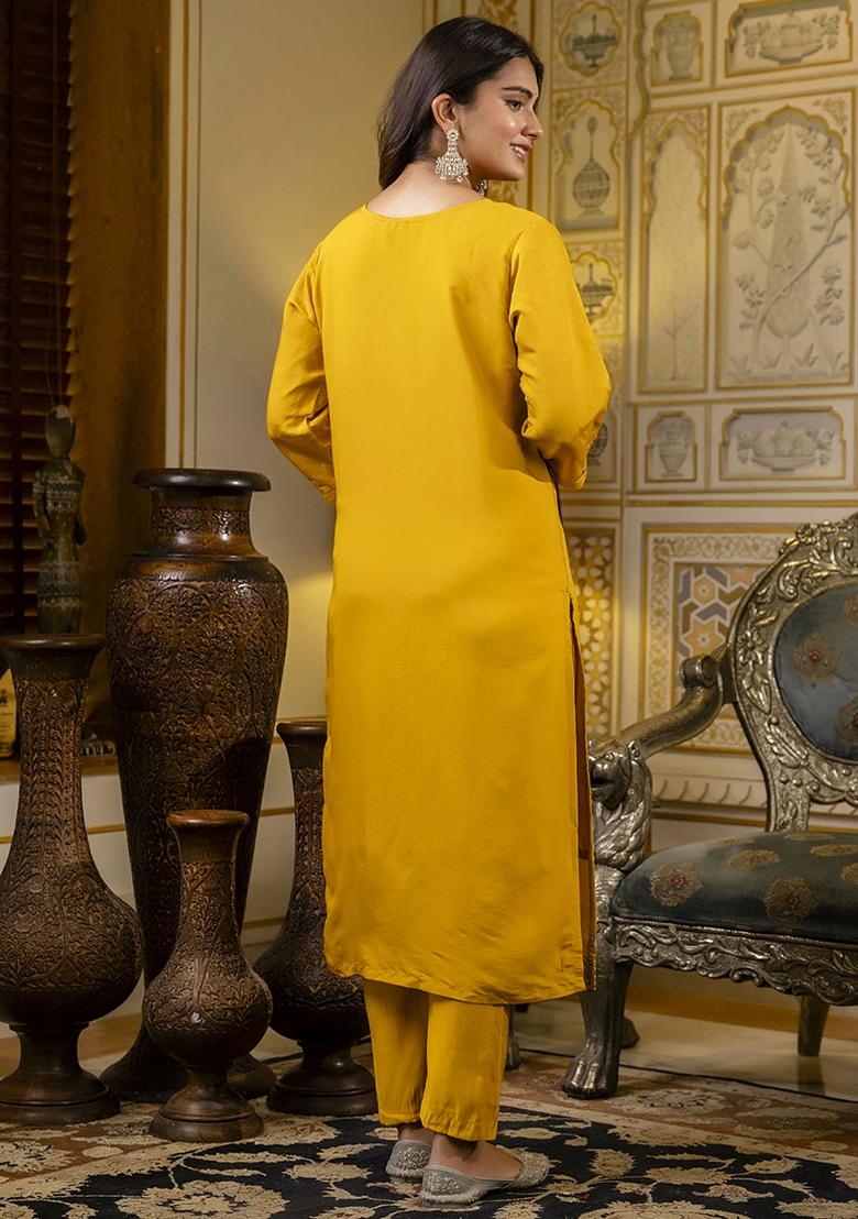 Mustard Embroidered Silk Blend Kurta Set With Dupatta - Indya