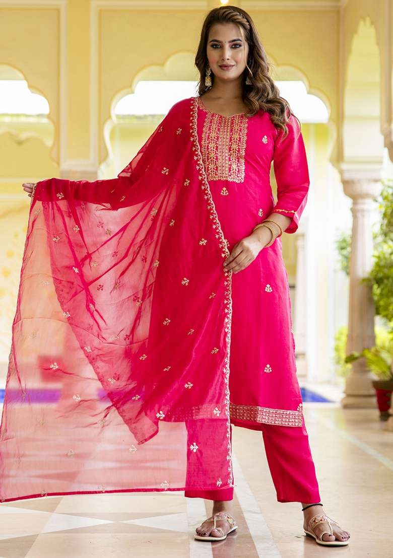 Hot Pink Embroidered Silk Blend Kurta Set With Dupatta - Indya