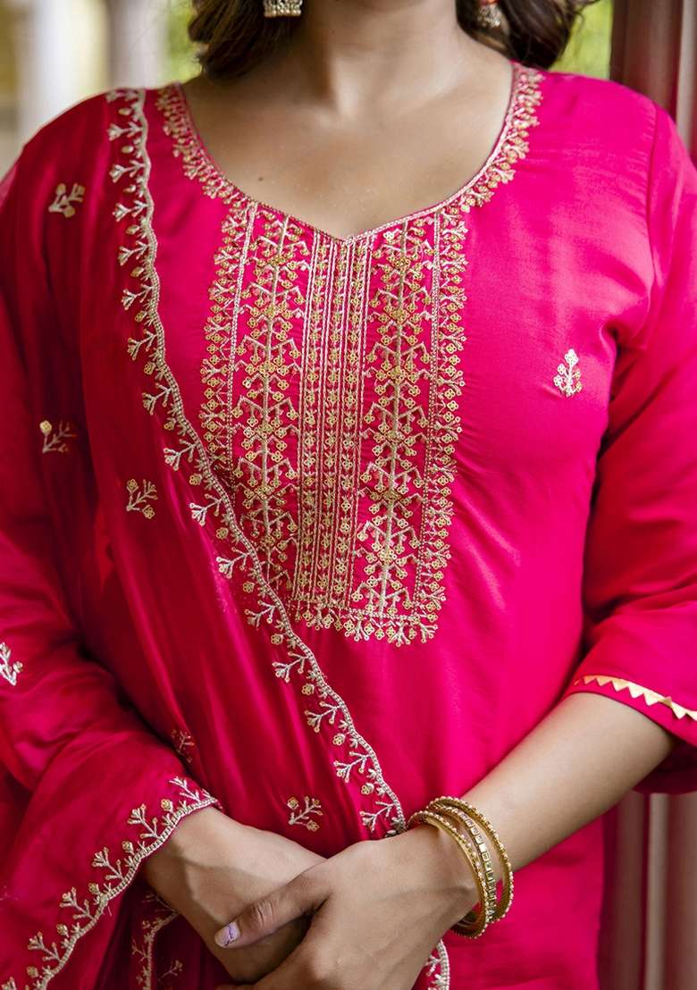 Hot Pink Embroidered Silk Blend Kurta Set With Dupatta - Indya
