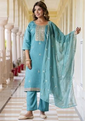 Blue Embroidered Silk Blend Kurta Set With Dupatta