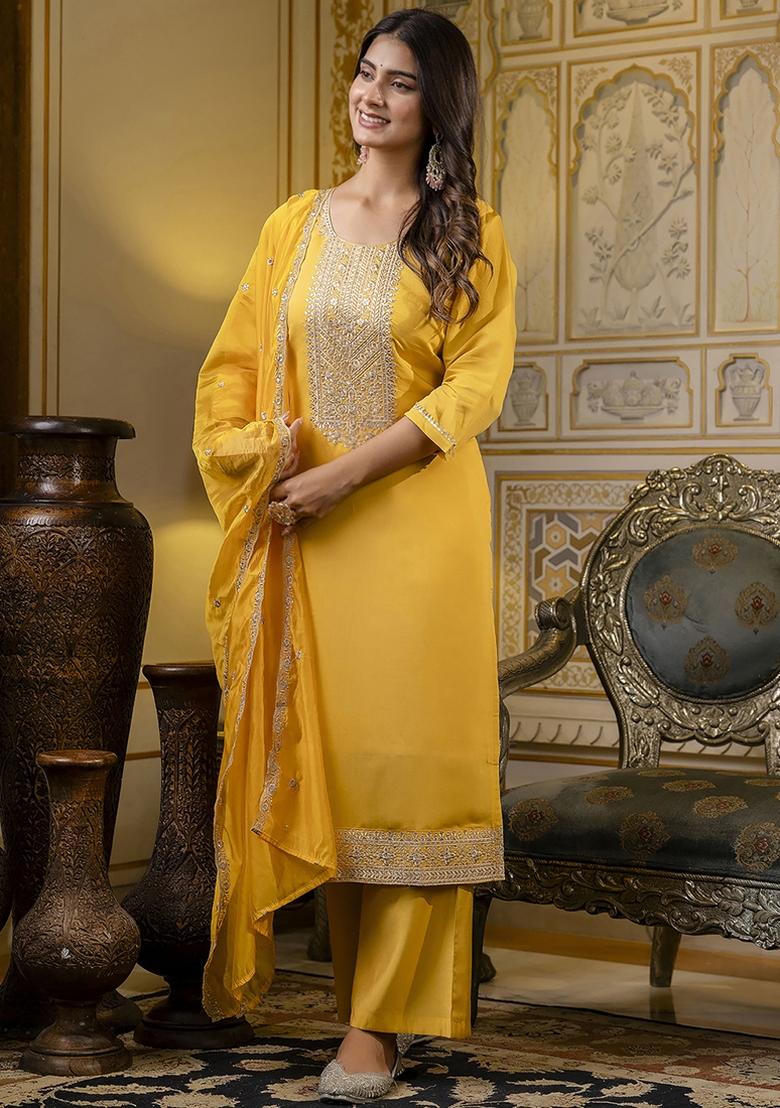 Yellow Embroidered Silk Blend Kurta Set With Dupatta - Indya