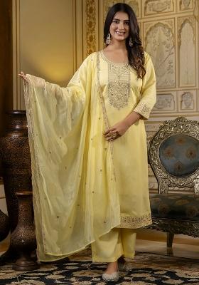 Light Yellow Embroidered Silk Blend Kurta Set With Dupatta