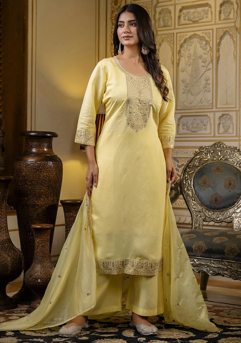 Light Yellow Embroidered Silk Blend Kurta Set With Dupatta - Indya