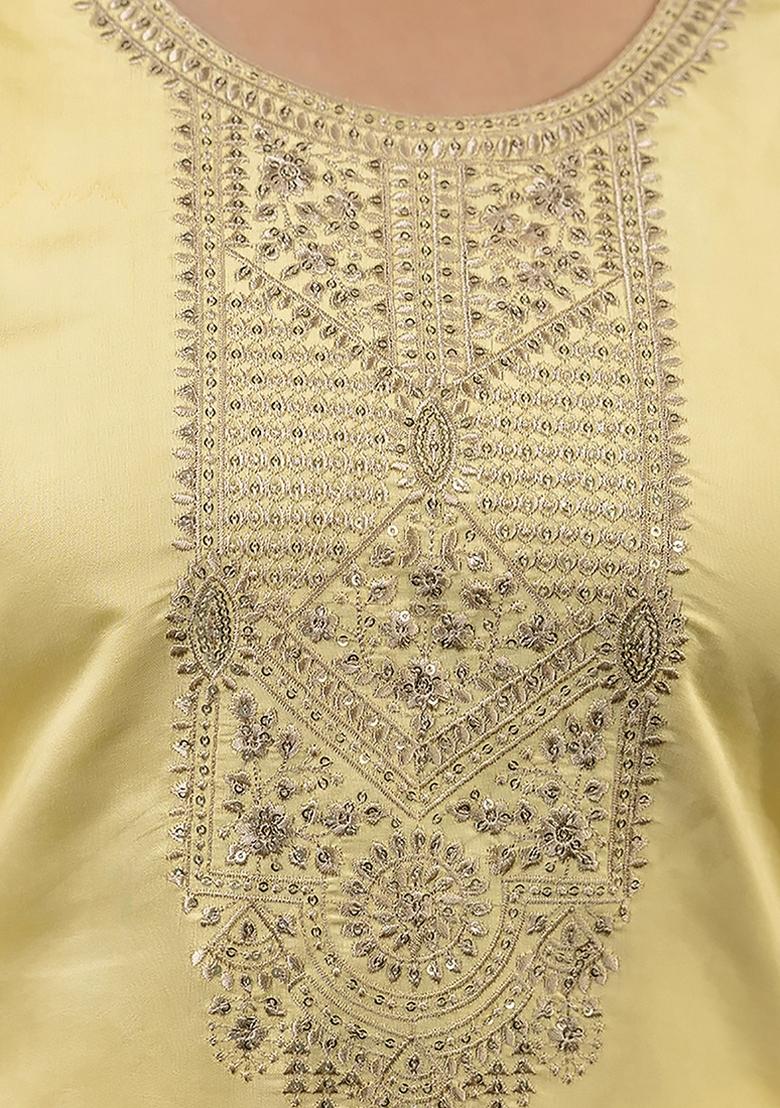 Light Yellow Embroidered Silk Blend Kurta Set With Dupatta - Indya