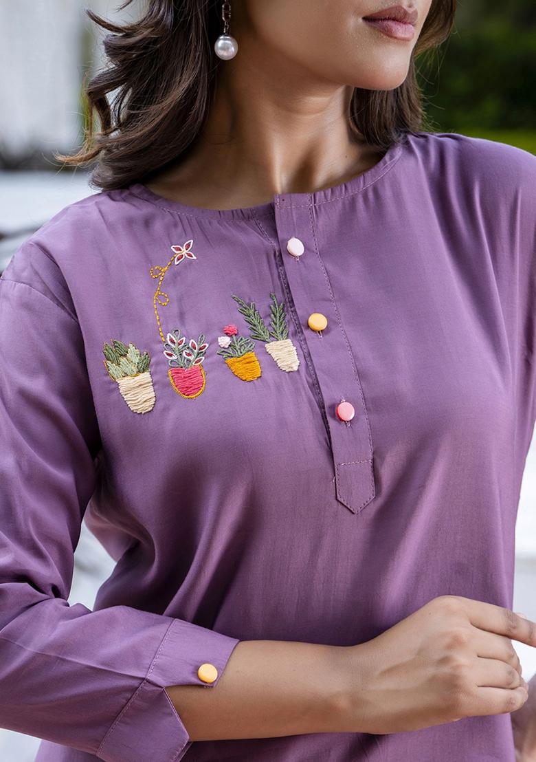 Lavender Embroidered Silk Blend Kurta Set With Dupatta - Indya