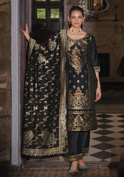 Black Embroidered Jacquard Silk Kurta Set With Dupatta