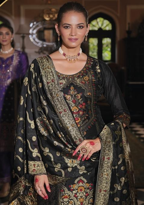 Black Embroidered Jacquard Silk Kurta Set With Dupatta