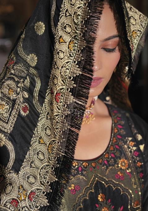 Black Embroidered Jacquard Silk Kurta Set With Dupatta
