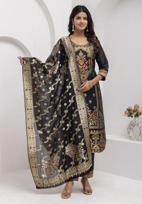 Black Embroidered Jacquard Silk Kurta Set With Dupatta