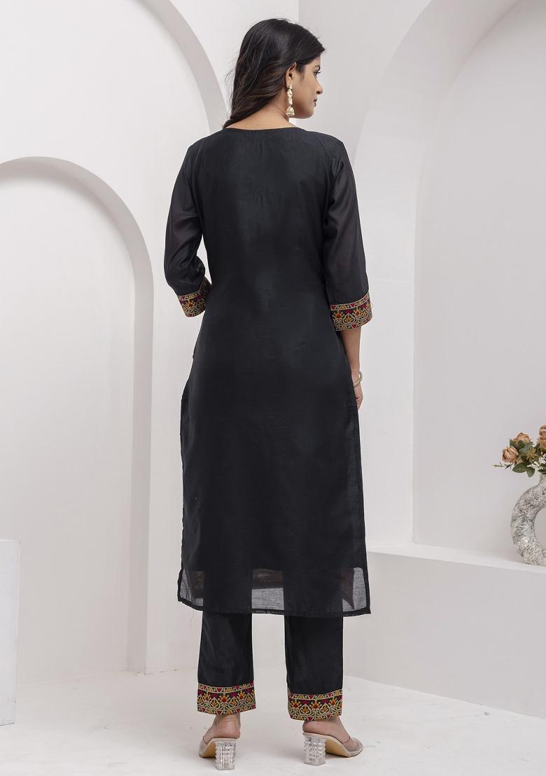 Black Embroidered Jacquard Silk Kurta Set With Dupatta - Indya