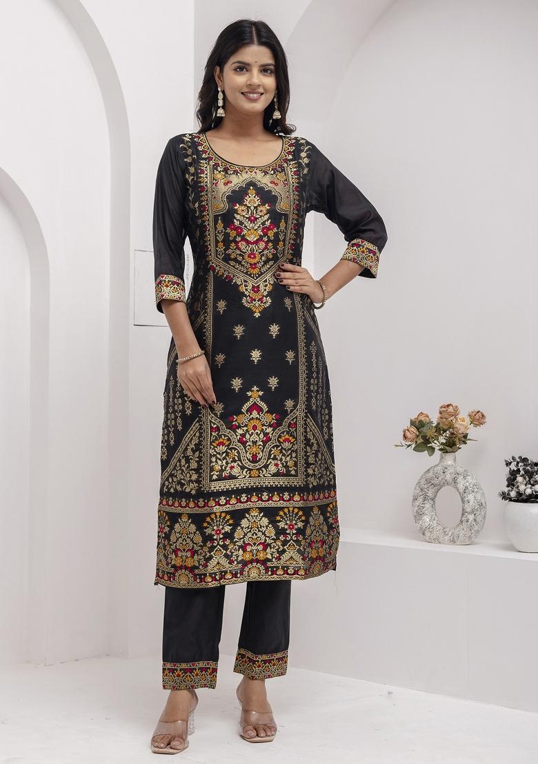 Black Embroidered Jacquard Silk Kurta Set With Dupatta