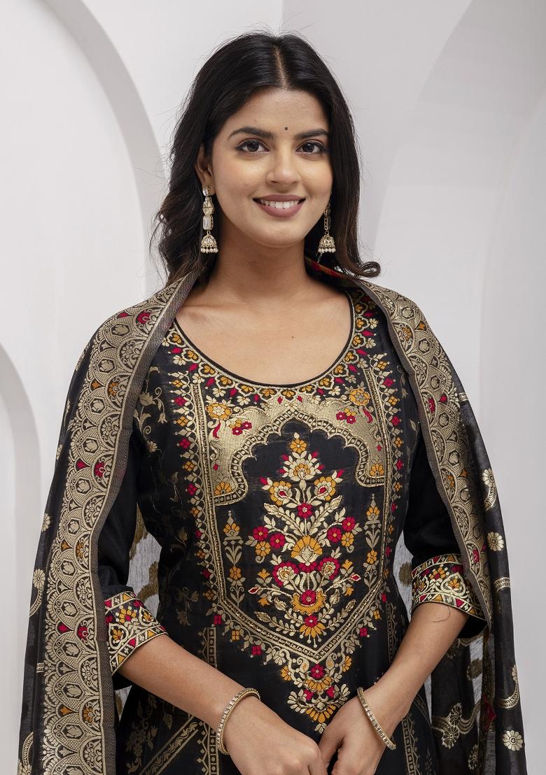 Black Embroidered Jacquard Silk Kurta Set With Dupatta - Indya