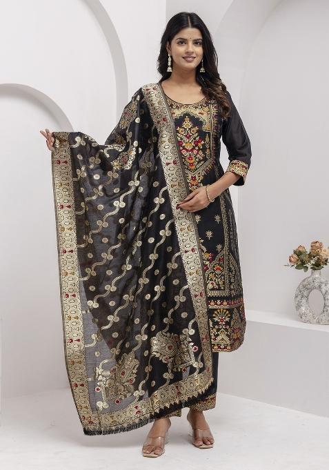 Black Embroidered Jacquard Silk Kurta Set With Dupatta