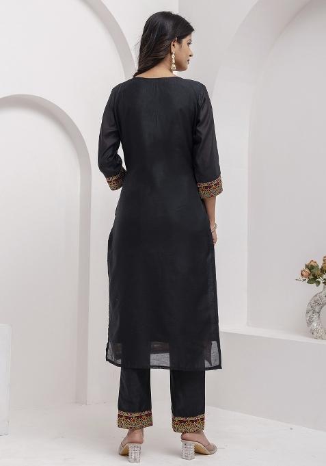 Black Embroidered Jacquard Silk Kurta Set With Dupatta
