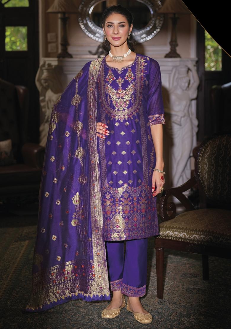 Royal Blue Embroidered Jacquard Silk Kurta Set With Dupatta