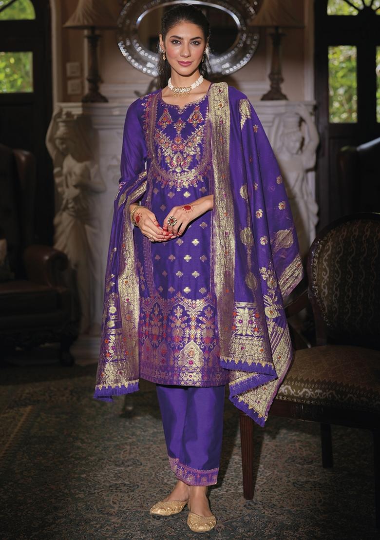 Royal Blue Embroidered Jacquard Silk Kurta Set With Dupatta - Indya