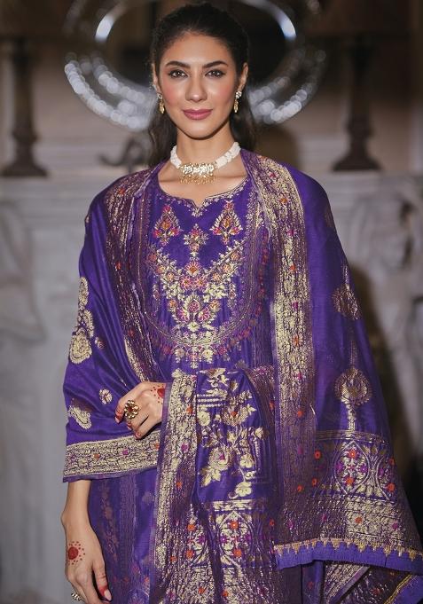 Royal Blue Embroidered Jacquard Silk Kurta Set With Dupatta