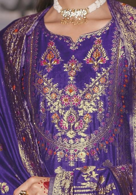 Royal Blue Embroidered Jacquard Silk Kurta Set With Dupatta