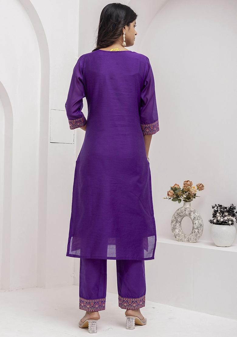 Royal Blue Embroidered Jacquard Silk Kurta Set With Dupatta - Indya