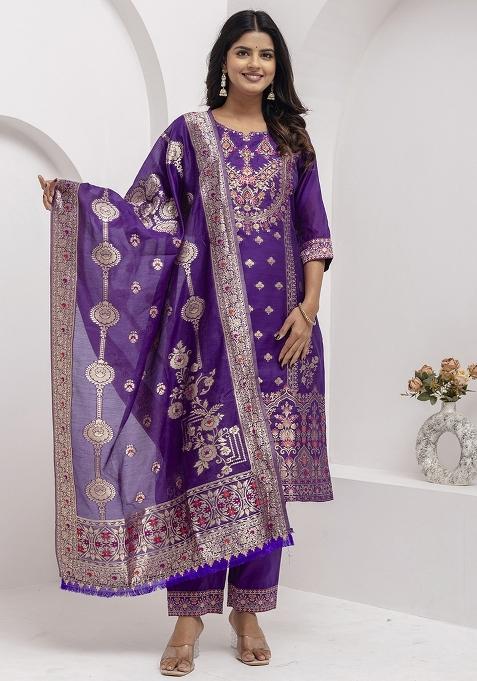 Royal Blue Embroidered Jacquard Silk Kurta Set With Dupatta