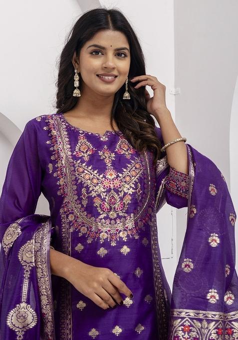 Royal Blue Embroidered Jacquard Silk Kurta Set With Dupatta