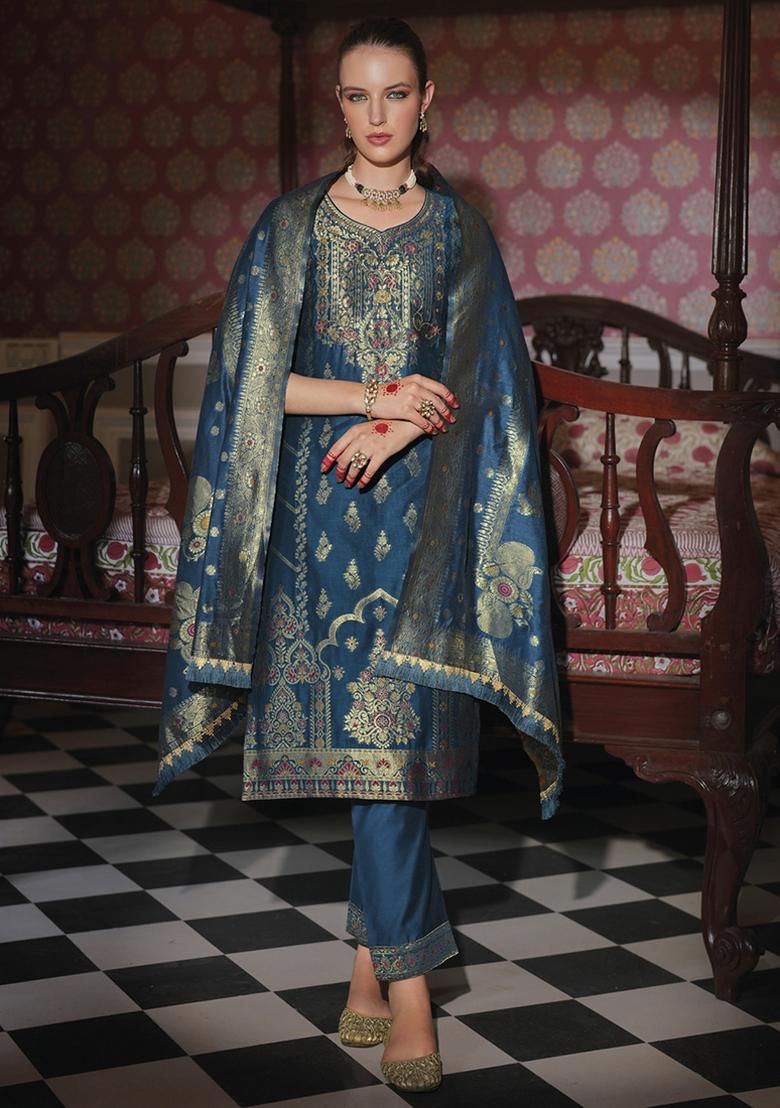 Teal Embroidered Jacquard Silk Kurta Set With Dupatta