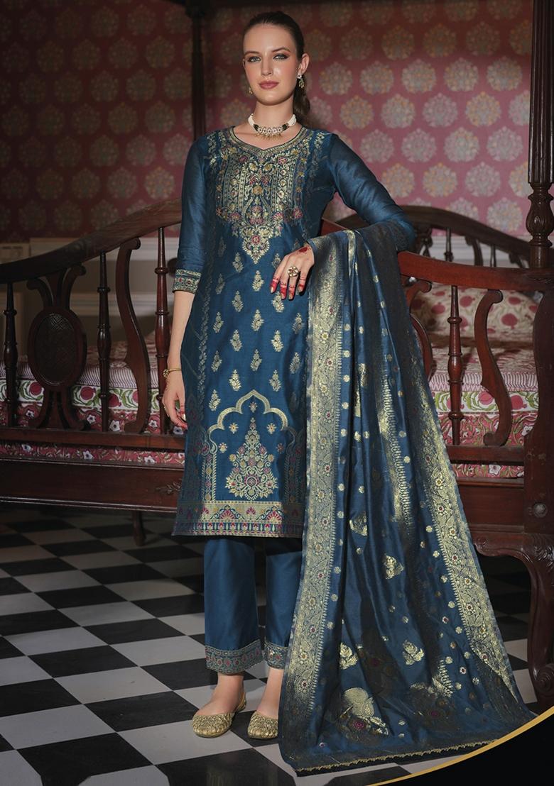 Teal Embroidered Jacquard Silk Kurta Set With Dupatta - Indya