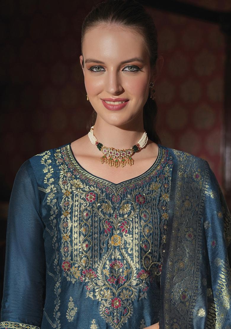 Teal Embroidered Jacquard Silk Kurta Set With Dupatta - Indya