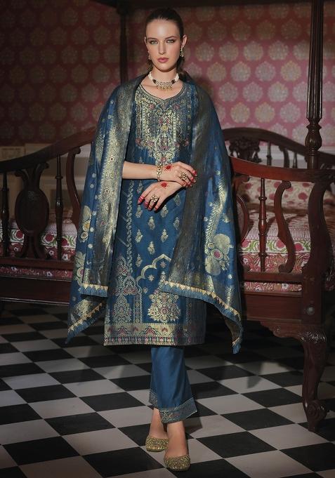 Teal Embroidered Jacquard Silk Kurta Set With Dupatta