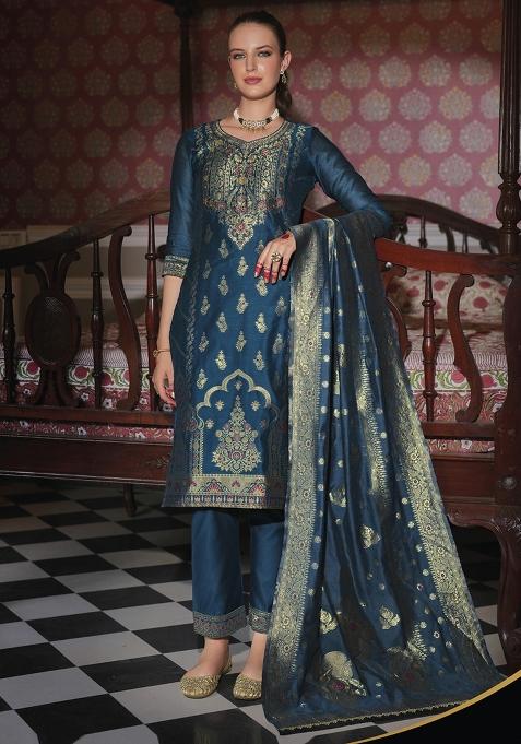 Teal Embroidered Jacquard Silk Kurta Set With Dupatta