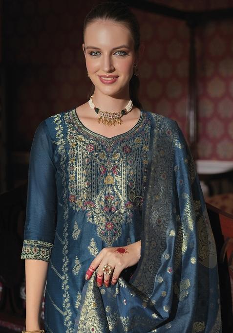 Teal Embroidered Jacquard Silk Kurta Set With Dupatta