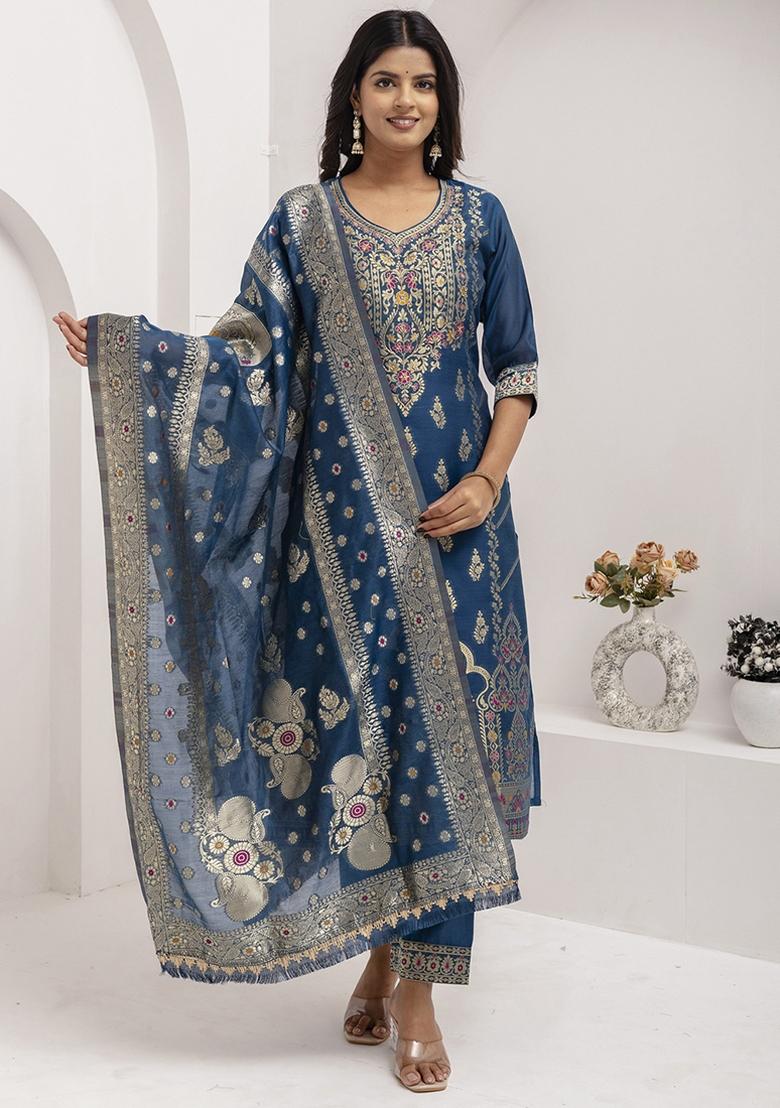Teal Blue Embroidered Jacquard Silk Kurta Set With Dupatta