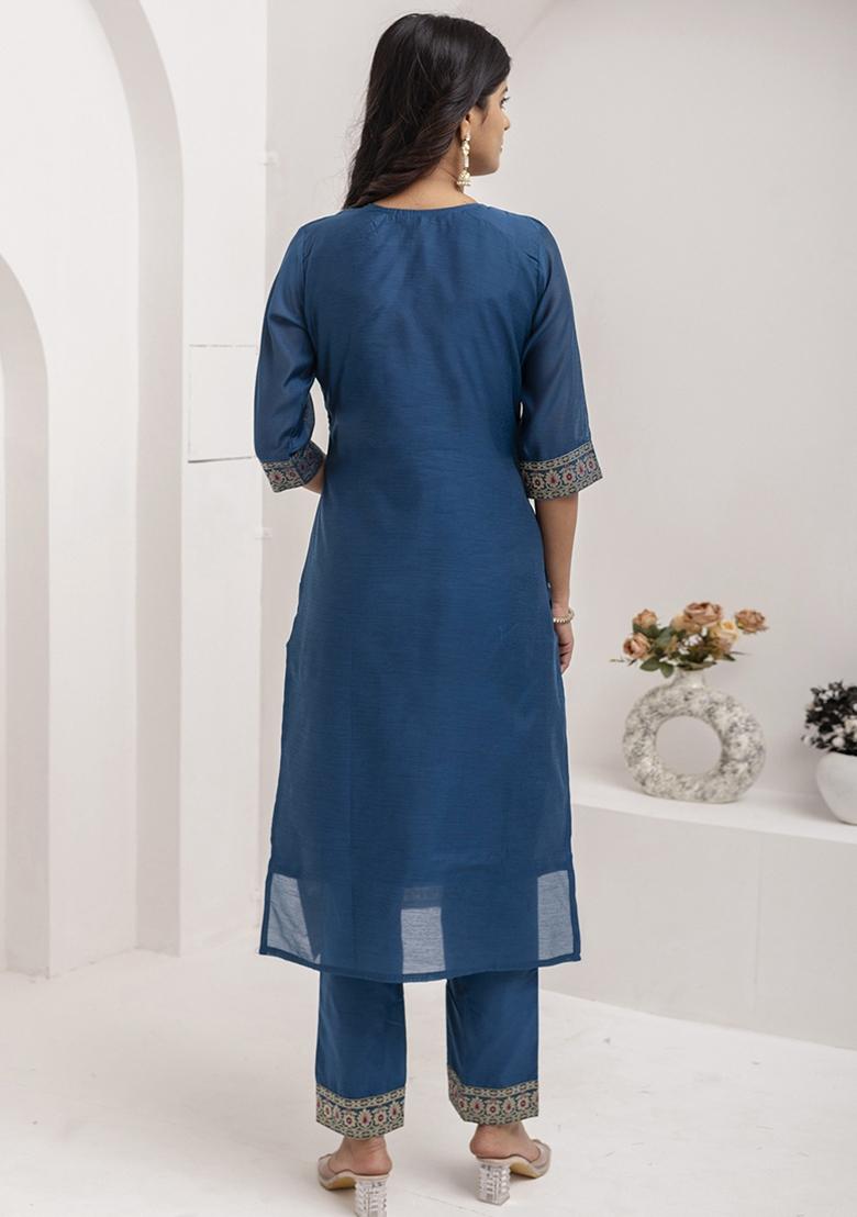 Teal Blue Embroidered Jacquard Silk Kurta Set With Dupatta - Indya