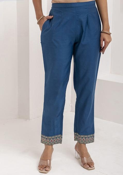 Teal Blue Embroidered Jacquard Silk Kurta Set With Dupatta