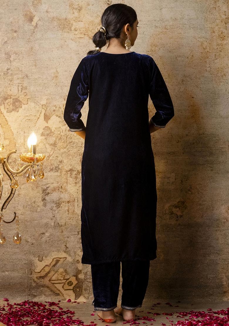 Blue Embroidered Velvet Kurta Set With Dupatta - Indya