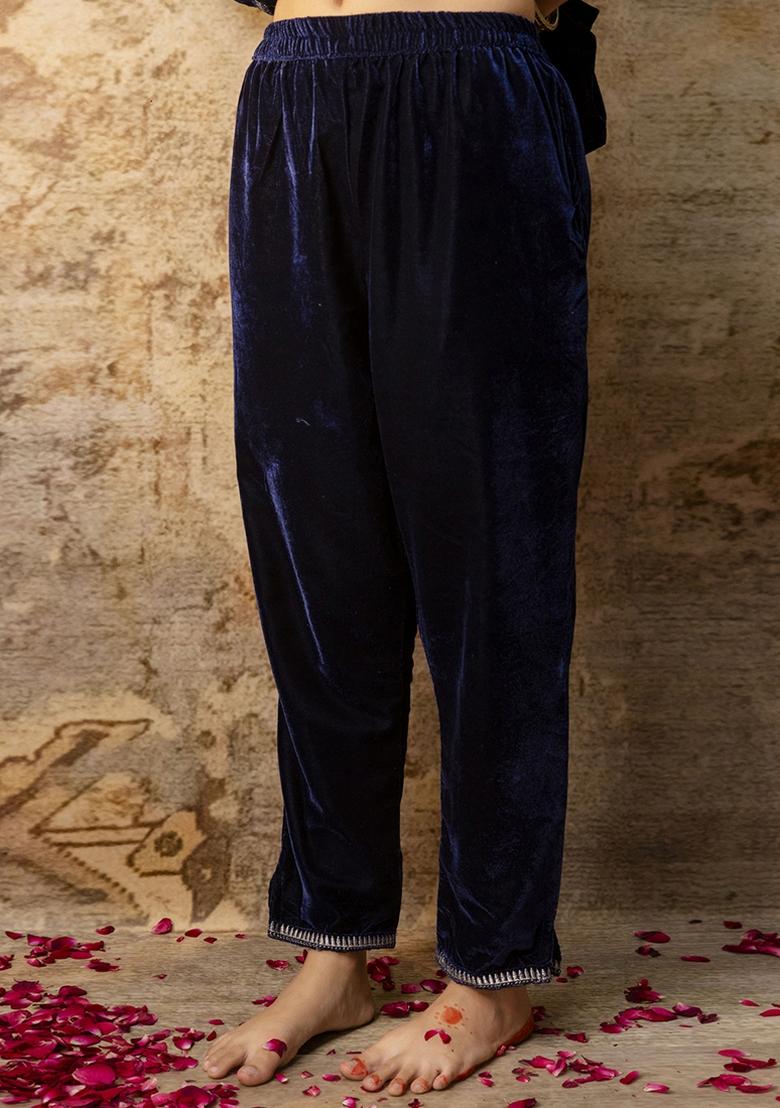 Blue Embroidered Velvet Kurta Set With Dupatta - Indya