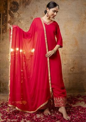 Bright Red Embroidered Silk Blend Kurta Set With Dupatta