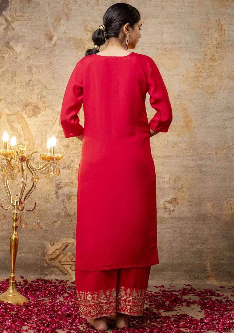 Bright Red Embroidered Silk Blend Kurta Set With Dupatta - Indya