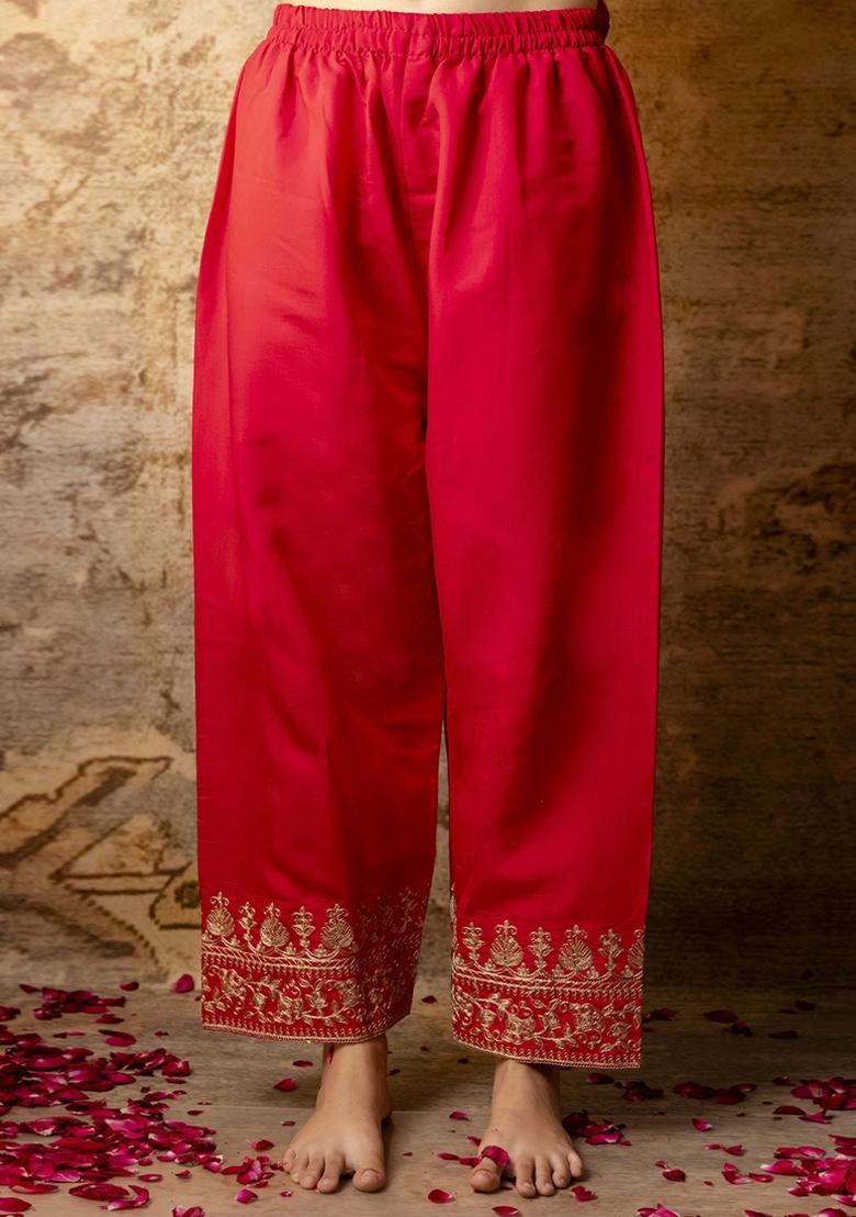 Bright Red Embroidered Silk Blend Kurta Set With Dupatta - Indya